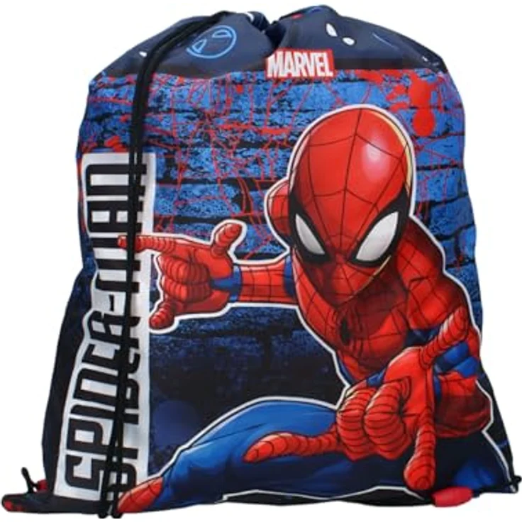 Spiderman Turnbeutel 44x36 cm, Dunkelblau mit Kordelzug und verstellbaren rosafarbenen Schultergurten für Kinder – Bild 2