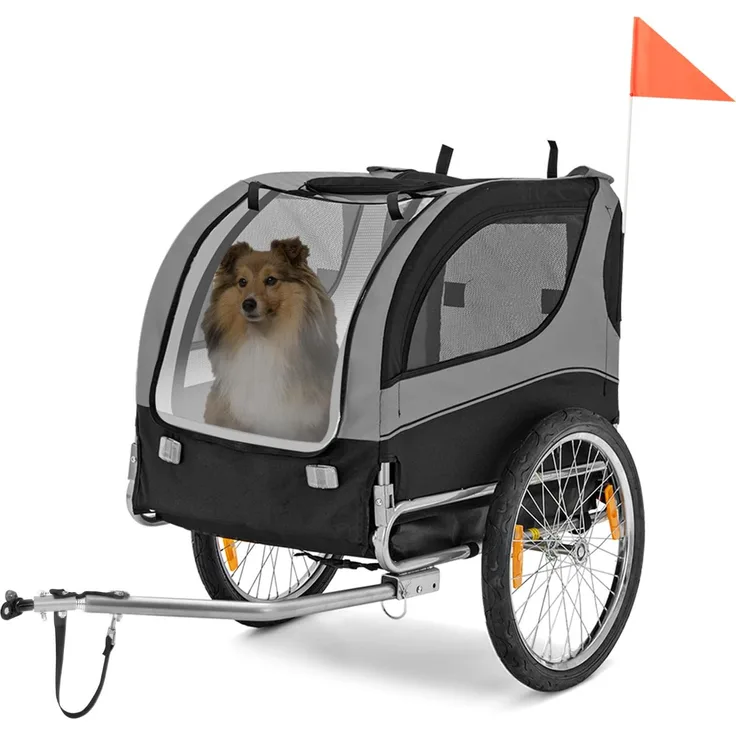GOPLUS Haustieranhänger, Hundewagen mit 3 Eingängen, Sicherheitsfahne, Reflektoren, Schnellspannrädern für mittelgroße Hunde, pulverbeschichteter Stahl, atmungsaktives Mesh-Design