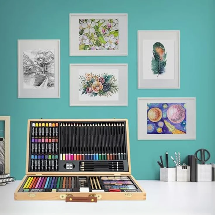 ECD Germany Malkoffer Kreativset 109-teilig, mit Ölpastellkreiden, Buntstiften, Wasserfarben und Zubehör, Holz, braun – Bild 9