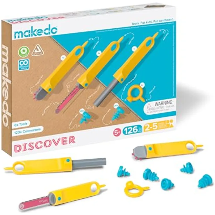 Makedo Discover Toolbox, Werkzeugkasten aus recycelter Pappe mit 126 Teilen, STEM- und STEAM-Lernspielzeug für 2-5 Kinder ab 5 Jahren