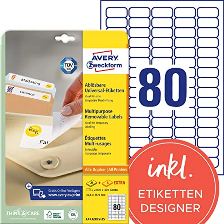 AVERY Zweckform L4732REV-25 Universal Etiketten (2.000 plus 400 Klebeetiketten extra, 35,6x16,9mm auf A4, wieder rückstandsfrei ablösbar/abziehbar, bedruckbar, selbstklebende Aufkleber) 30 Blatt, weiß
