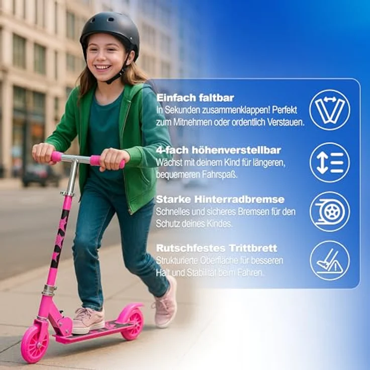 Europebazar Habib Kinderroller mit LED Rädern, klappbar und 4-fach verstellbar für Kinder von 3 bis 10 Jahren, Pink – Bild 4