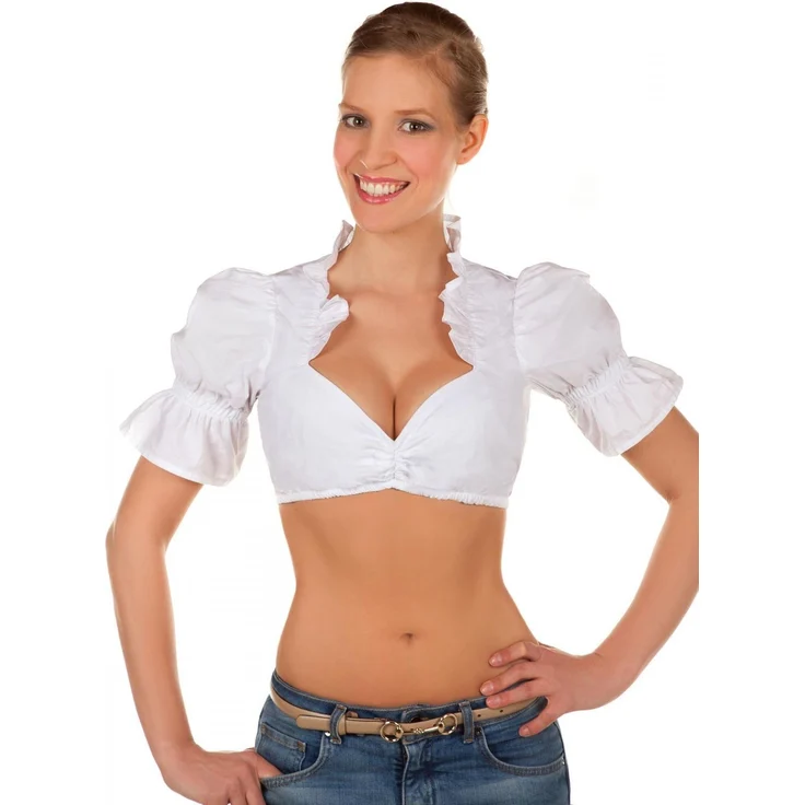Edelnice Dirndlbluse mit Schnürung, Weiße Dirndlbluse mit Rüschen an Nacken und Dekolleté, Satinbänder für individuelle Einstellung – Bild 1