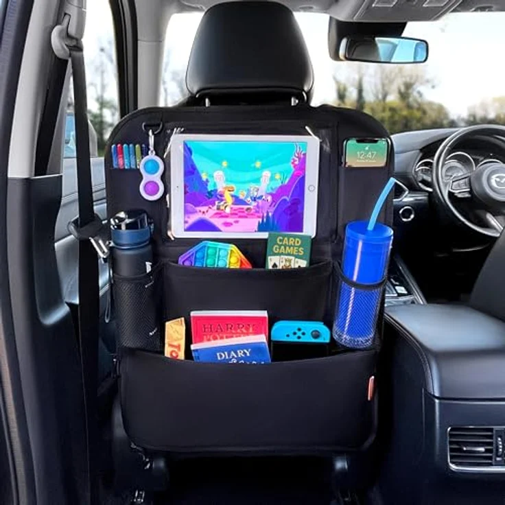 Huckaboo Autositz Organizer, Rücksitz-Organizer mit Tablet-Fach, 6 Taschen & Rückenlehnenschutz, Schwarz – Bild 2
