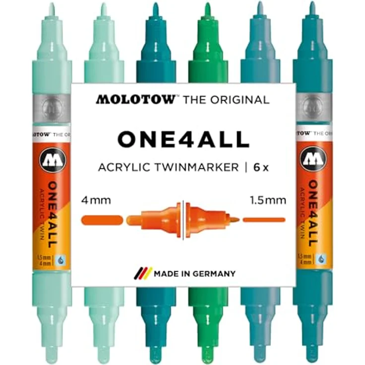 Molotow One4All Acrylic Twin Marker Tropical Set, 6 Stück, hochdeckend, permanent, nachfüllbar, 1,5 & 4,0 mm, diverse Farben – Bild 1