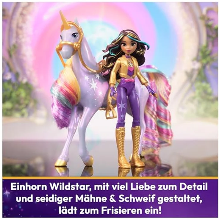 Spin Master Anziehpuppe Unicorn Academy - Small Doll & Unicorn - Sophia & Wildstar, 11 cm große Puppe mit 7 Artikulationspunkten, seidige Mähne und Schweif, abnehmbares Sattel und Zaumzeug, ab 4 Jahren, Ankleidepuppen-Maßstab – Bild 3