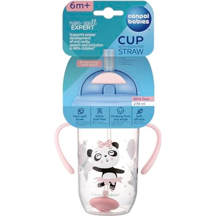 Canpol babies 56/606 Auslaufsicherer Becher mit Strohhalm, 270 ml, 6m+, exotische Tiere, Rosa – Bild 4