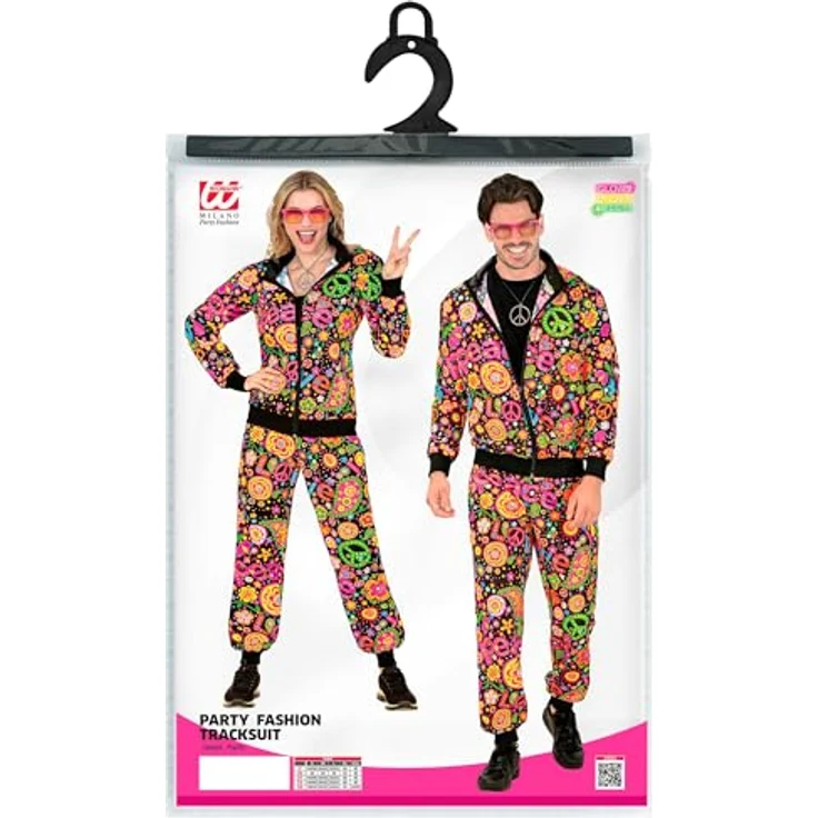 W WIDMANN MILANO Party Fashion Kostüm Trainingsanzug, Hippie Stil, 80er Jahre Outfit, Jogginganzug mit bunten Blumen und Peace-Symbolen, Größe L – Bild 5
