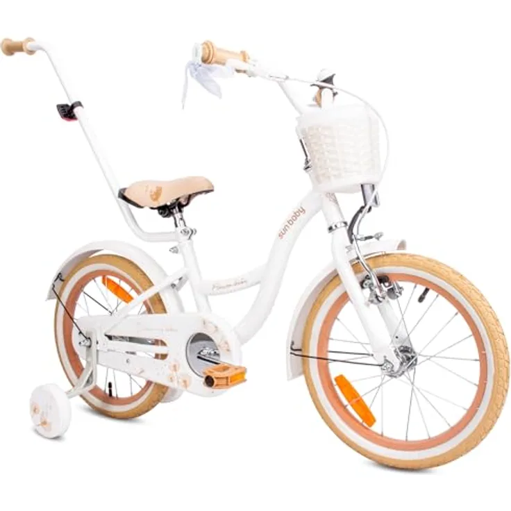 sun baby Mädchenfahrrad 16 Zoll Flower Bike mit Abnehmbarer Schubstange, Kinderfahrrad für Mädchen von 2 bis 6 Jahre (Weiß Beige)