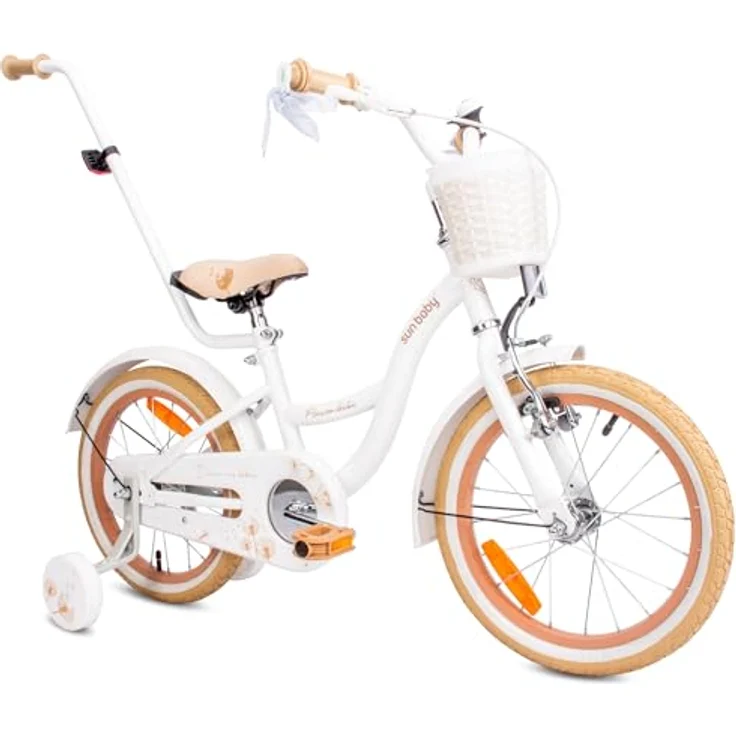 sun baby Mädchenfahrrad 16 Zoll Flower Bike mit Abnehmbarer Schubstange, Kinderfahrrad für Mädchen von 2 bis 6 Jahre (Weiß Beige) – Bild 1