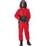 Maskworld Squid Game Aufseher Kinderkostüm, roter Overall mit Reißverschluss und Kapuze, inklusive schwarzem Gürtel