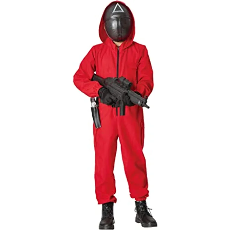 Maskworld Squid Game Aufseher Kinderkostüm, roter Overall mit Reißverschluss und Kapuze, inklusive schwarzem Gürtel