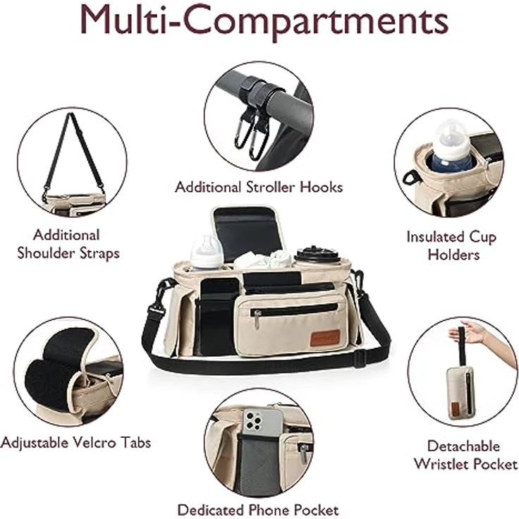 Momcozy Kinderwagen Organizer mit isolierten Getränkehaltern, Reißverschlusstasche und verstellbarem Schultergurt, Universell passend für die meisten Kinderwagen, stauraum für Windeln & Handys – Bild 2