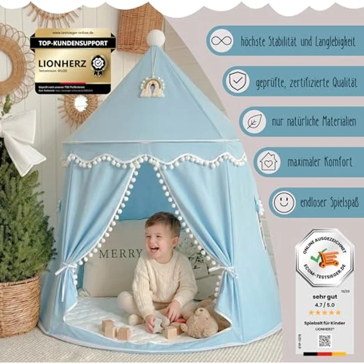 LIONHERZ® DAS ORIGINAL Spielzelt Prinzenschloss, atmungsaktiv aus Baumwolle&Hanf, himmelblau mit Zubehör, Fiberglasstangen, Tasche und Matte für Indoor-Nutzung – Bild 2