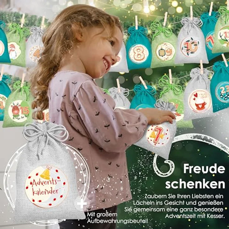 KESSER® Adventskalender zum Befüllen 24 Jutebeutel 20 x 12 cm Gedruckte Stoffbeutel Kinder Weihnachtskalender zum Selber Befüllen Inkl.. 24x Schildchen + 1 Großer Aufbewahrungsbeutel Stoff - Preisvergleich – Bild 3