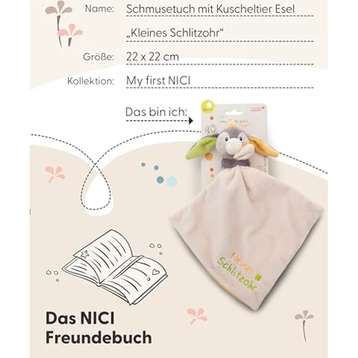 NICI Schmusetuch Baby 22 x 22 cm mit Kuscheltier Esel - Flauschiges Schnuffeltuch für Mädchen & Jungen, Baby Geschenk zur Geburt, Mit gesticktem Schriftzug "Kleines Schlitzohr" - 49751 – Bild 5