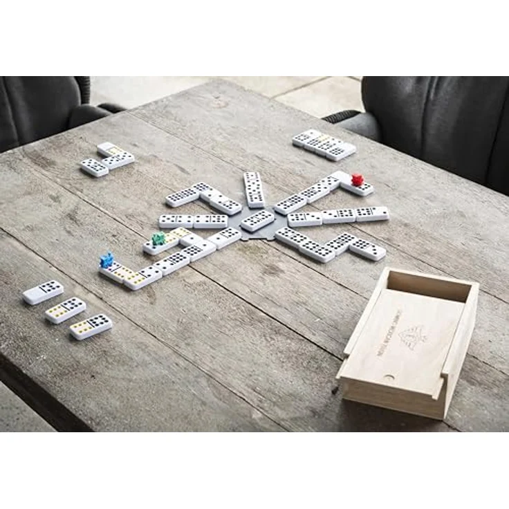 Engelhart - Domino Mexican Train/Zug -Premium- Qualität - Dobbel 12 - 2-8 Spieler - 91 farbige Dominosteine 9mm dick - in Holzkiste + 8 farbige Züge und Bahnhof – Bild 10