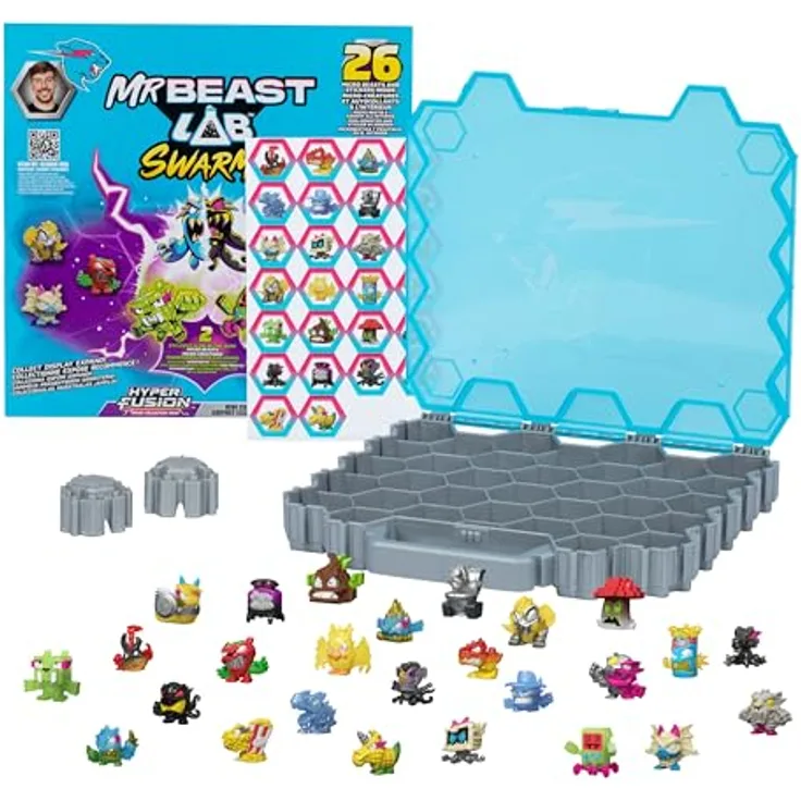 MRBEAST LAB MrBeast Hive Sammelpackung, enthält 26 Mini-Monster mit 2 exklusiven im Dunkeln leuchtenden Swarms, 26 Sticker und 2 Fusions-Kapseln, Platz für über 70 Mini-Monster