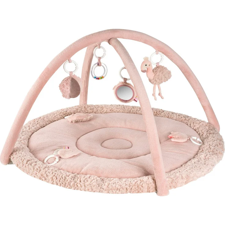 Fehn Spielbogen Flamingo, 3-D-Activity-Decke mit 5 abnehmbaren Spielzeugen zur Förderung von Tastsinn und Motorik, pink