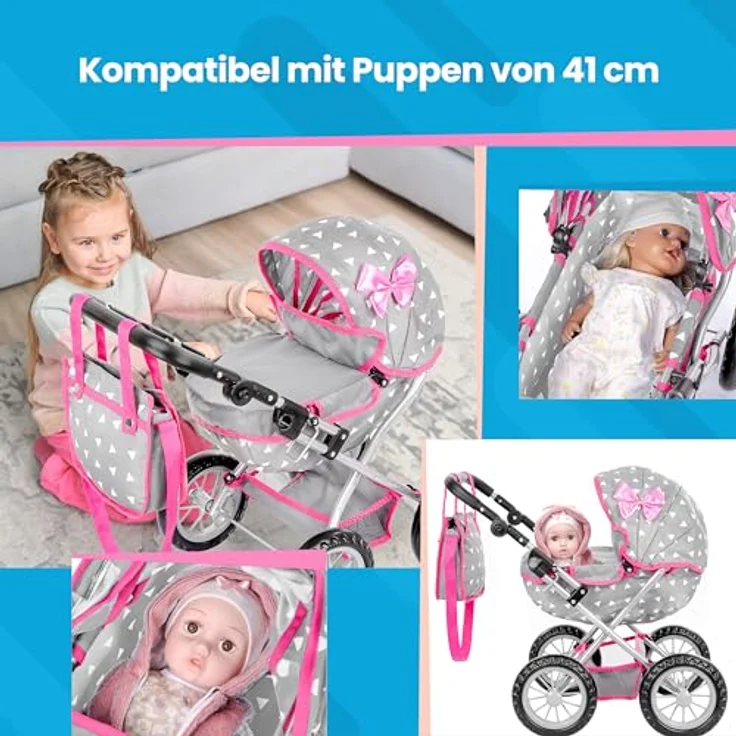 Kinderplay Puppenwagen ab 2 Jahre, Puppenbuggy ab 2 Jahre - Leichte und Stabile Konstruktion, Puppenwagen ab 1 Jahr, Höhenverstellbar von 33 bis 63 cm (KP0262S) – Bild 4