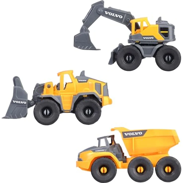 Dickie Toys Volvo Baustellenfahrzeuge (3 Stück) - Spielzeugautos für Kinder ab 3 Jahre, 16 cm, mit Freilauf und beweglichen Teilen, Gelb-Grau – Bild 3