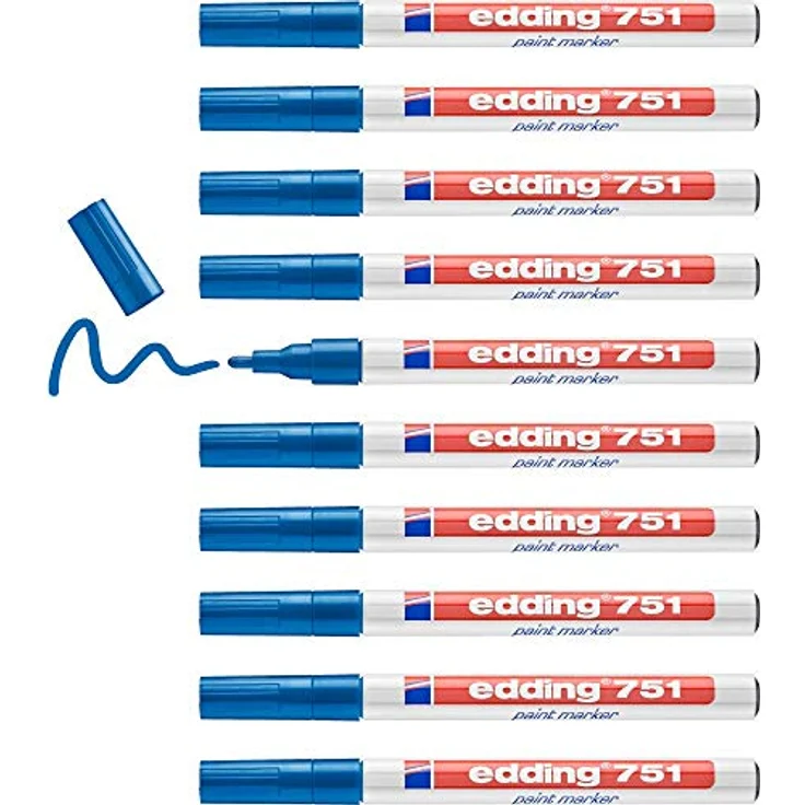 edding 751 Lackmarker - blau - 10 Stifte - Rundspitze 1-2 mm - Lackstift zur Markierung und Beschriftung von Metall, Glas, Stein oder Kunststoff - hitzebeständig, permanent, wischfest – Bild 1
