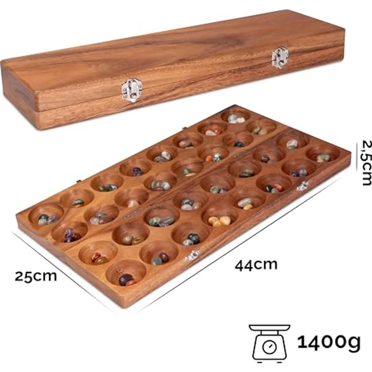 LOGOPLAY Hus Spiel Bao Kalaha für 2 Spieler, klassisches Strategiespiel aus Holz mit silbernem Metallverschluss und bunten Edelsteinen – Bild 2