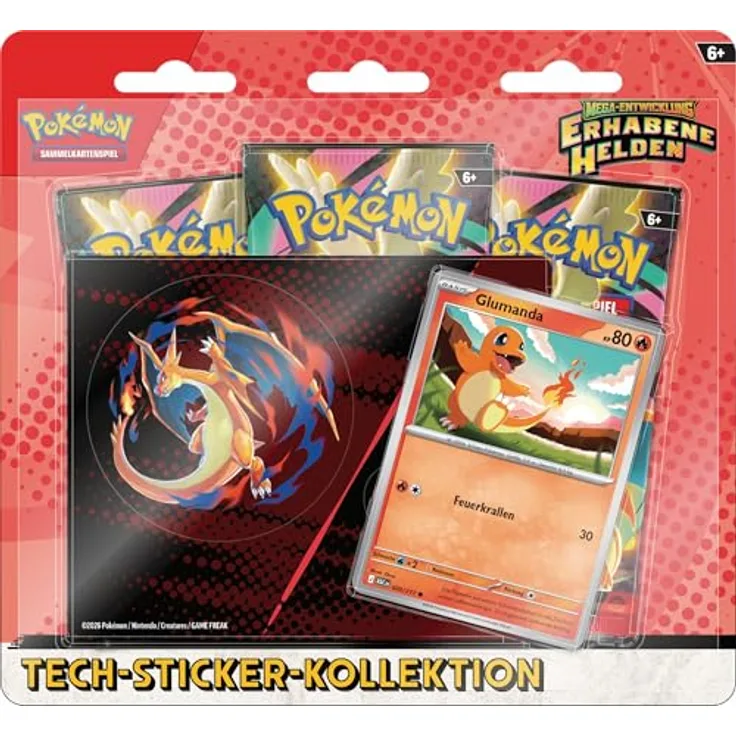 The Pokemon Company Glumanda | 3 Booster-Packs | Pokemon Tech-Sticker-Kollektion mit holografischer Promokarte, deutsch