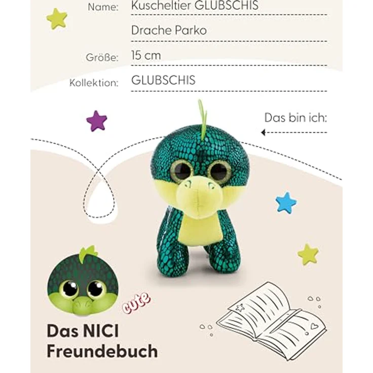 NICI Kuscheltier GLUBSCHIS Drache Parko, 15cm, grüner Plüschdrache mit Glitzeraugen und kleinen Flügeln, ideal zum Kuscheln und Spielen – Bild 5