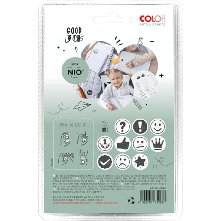 COLOP Little NIO Lehrer Motivstempel-Set Smiley Schule, 10 Motive, 1,7 x 1,7 cm, fancy grey – Bild 2