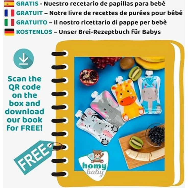 HOMYBABY® Wiederverwendbare Quetschbeutel für Babynahrung, 4 Stück mit lustigen Tiermotiven, 148 ml, BPA-frei, inklusive kostenloses E-Book mit Brei-Rezepten, ab 6 Monaten – Bild 5