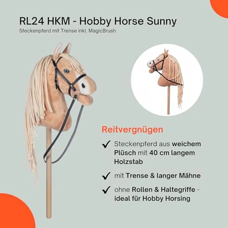 RL24 HKM Hobby Horse Sunny, Steckenpferd aus Plüsch mit Holzstock, Trense und langer Mähne, hellbraun – Bild 4