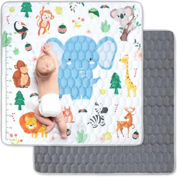 Funsland Krabbelteppich für Baby, Rutschfeste Schadstofffreie Spielmatte 127x127cm aus Baumwolle mit Höhenlineal, Faltbar für Innen/Außen, Bunte Tiermotive – Bild 1