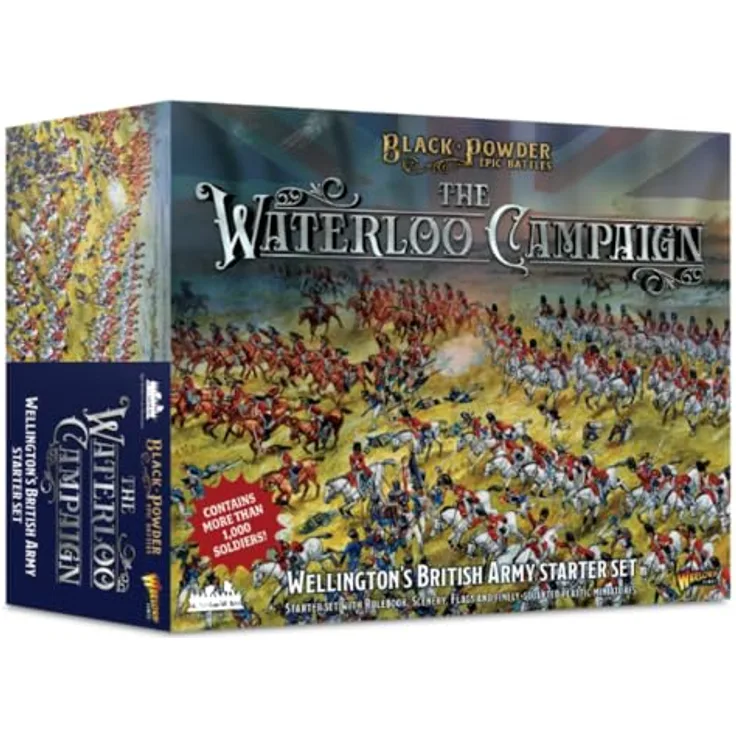Warlord Games Black Powder Epic Battles: Waterloo – Britisches Starterset, Napoleonische Armee mit Linieninfanterie, schwerer Kavallerie und Artillerie, MDF-Szeneriestück inklusive