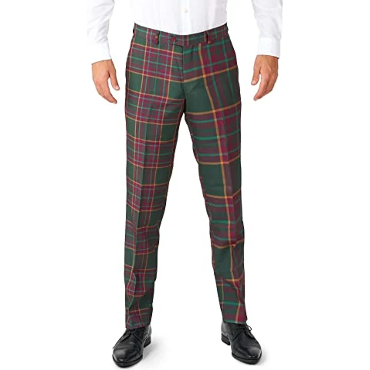 OppoSuits Mixed Mesh Anzug, rot-grün kariert im Tartan-Look, Slim Fit Design mit 4 Innentaschen und passender Krawatte, Größe 54 – Bild 4