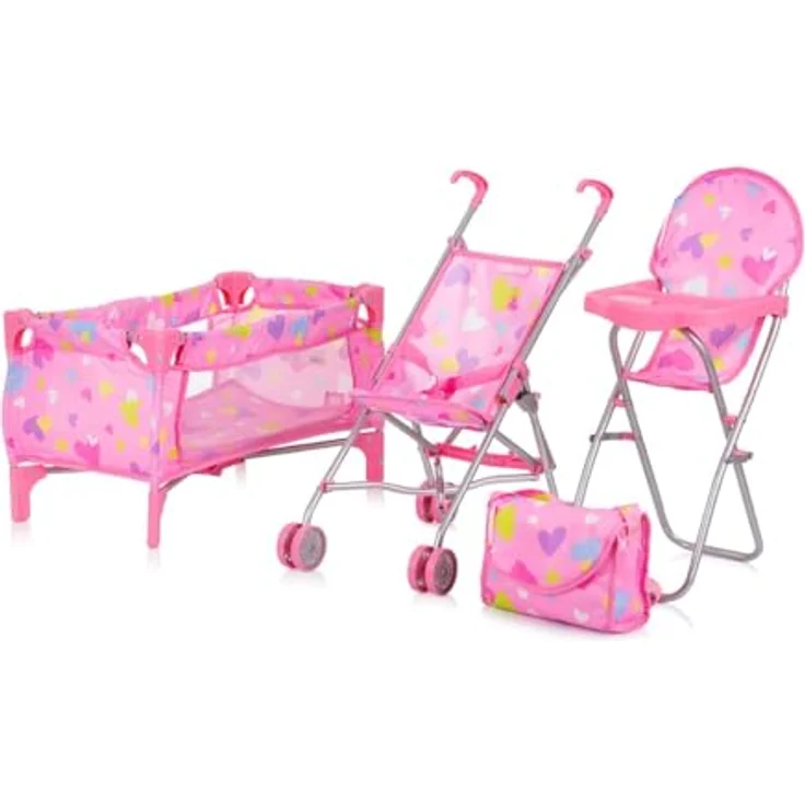 Chipolino Puppen-Zubehör-Set 3in1 Trixy Buggy Hochstuhl Tasche Laufstall faltbar, Farbe:rosa – Bild 2
