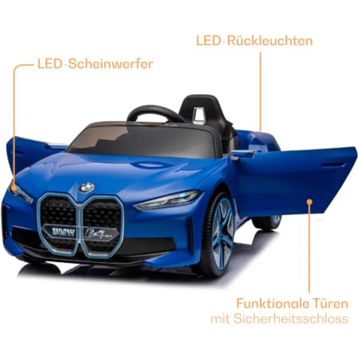 BMW i4 Kinder Elektroauto, 12V mit Fernbedienung, für 1-6 Jahre, Blau, MP3-Player, Sicherheitsgurte, Realistische Motorengeräusche – Bild 4