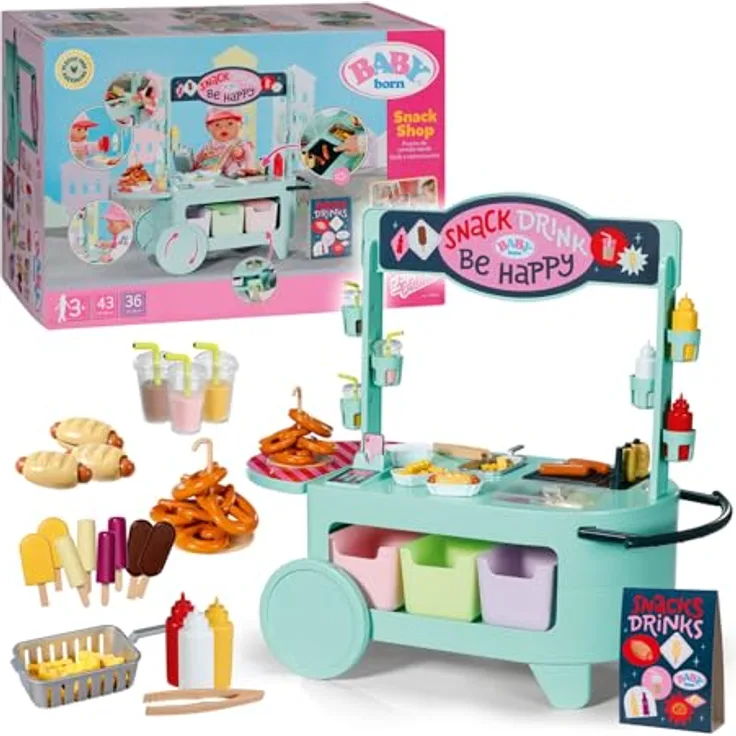 BABY Born Snack Shop, Essensstand für Puppen mit Soundeffekten, 25 verschiedene Fastfood-Snacks, Zubehör inklusive Grillzange und Frittierkorb, 39 x 20 x 27 cm, 835883 Zapf Creation