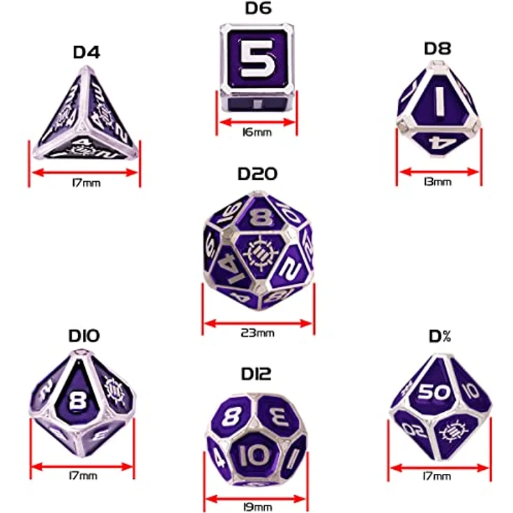 ENHANCE Würfelset aus Metall, 7 polyedrische Würfel mit 2-in-1-Würfeltasche und Würfeltablett aus veganem Leder, lila Sammleredition für Dungeon and Dragons RPG – Bild 2