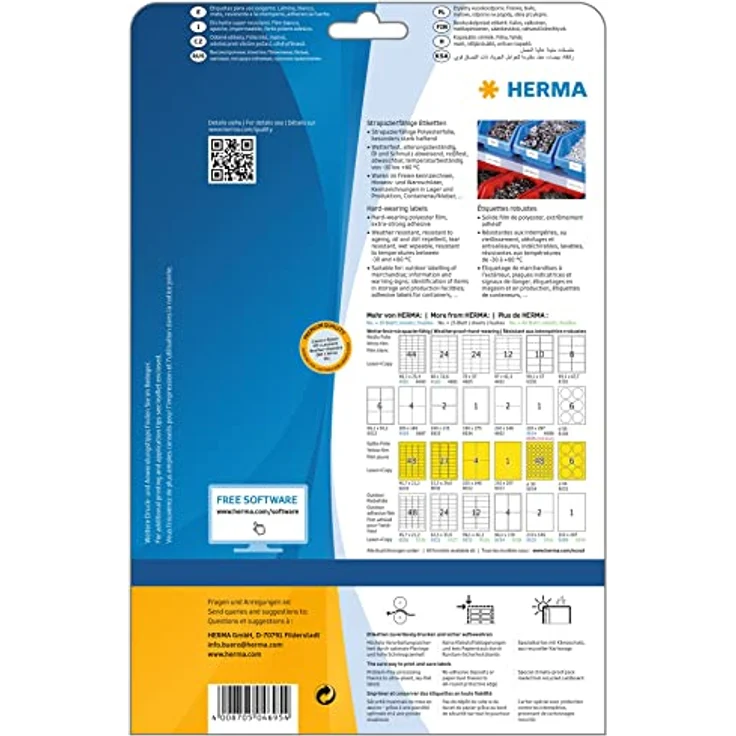 HERMA 4695 Wetterfeste Folien-Etiketten DIN A4 (70 x 37 mm, 25 Blatt, Polyesterfolie, matt) selbstklebend, bedruckbar, extrem stark haftende strapazierfähige Klebefolie, 600 Klebeetiketten, weiß – Bild 2