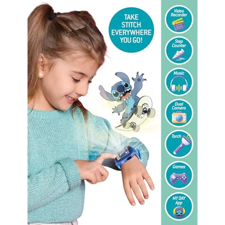 Lisciani - STITCH SMARTWATCH - Connected Watch Für Kinder Ab 7 Jahren - Auswechselbare Stitch-Hintergründe - 5 interaktive Spiele - Touchscreen - Kamera-, Wecker-, Timer- & Lampenfunktionen - Dual-Kamera - 512 MB Speicher - USB Typ C-Kabel – Bild 4