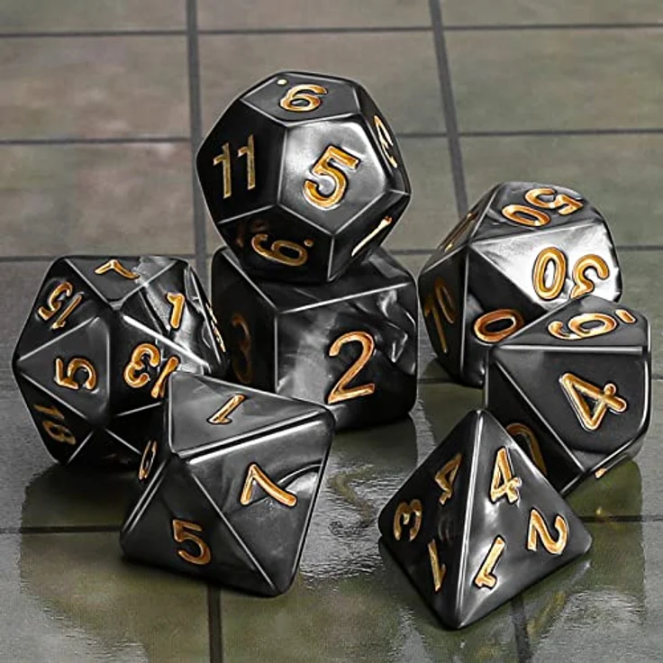 QMAY DND Dice Polyedrisches Würfel Set, 7 Stück für Dungeons und Dragons, D20, D12, D10, D%, D8, D6, D4, Acryl, Schwarz, mit Samtbeutel – Bild 3