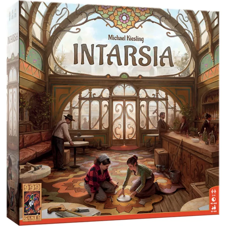 Merkloos 999 Games Spiel Intarsia, strategisches Brettspiel mit hochwertigen Holzmaterialien, zwei Spielvarianten auf beidseitig bedruckten Spielbrettern