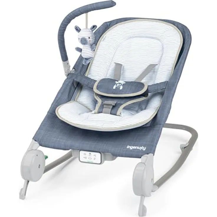 Ingenuity Happy Belly Babywippe & Babyschaukel mit Bauchmassage, Vibration, Musik & Faultier - Blau (Chambray), für 0–6 Monate