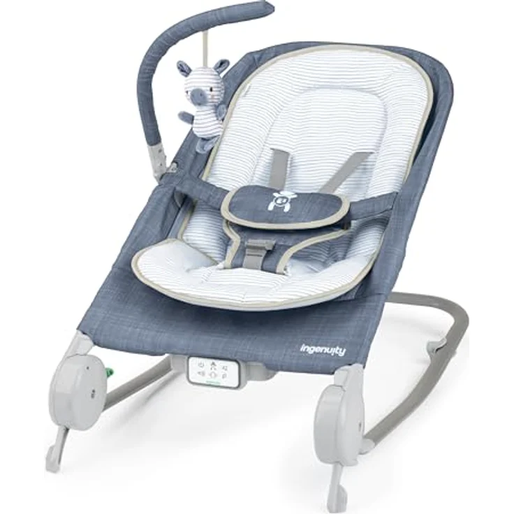 Ingenuity Happy Belly Babywippe & Babyschaukel mit Bauchmassage, Vibration, Musik & Faultier - Blau (Chambray), für 0–6 Monate – Bild 1