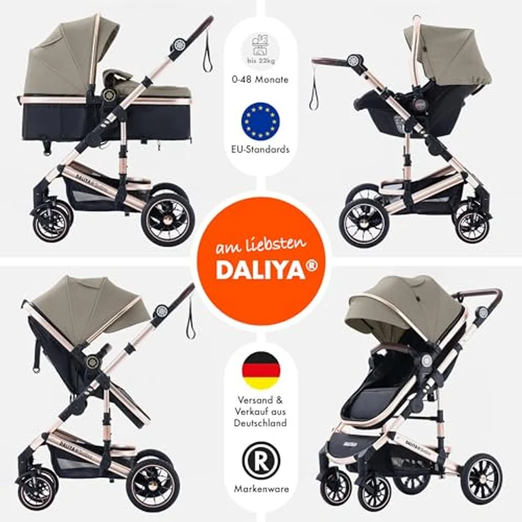 Daliya® NEOMOVE 3in1 Kinderwagen, Buggy & i-Size Babyschale | Alu-Rahmen | Reisekinderwagen & Sportwagen | Großer Einkaufskorb | Stadt & Gelände (Gold-Beige) – Bild 2
