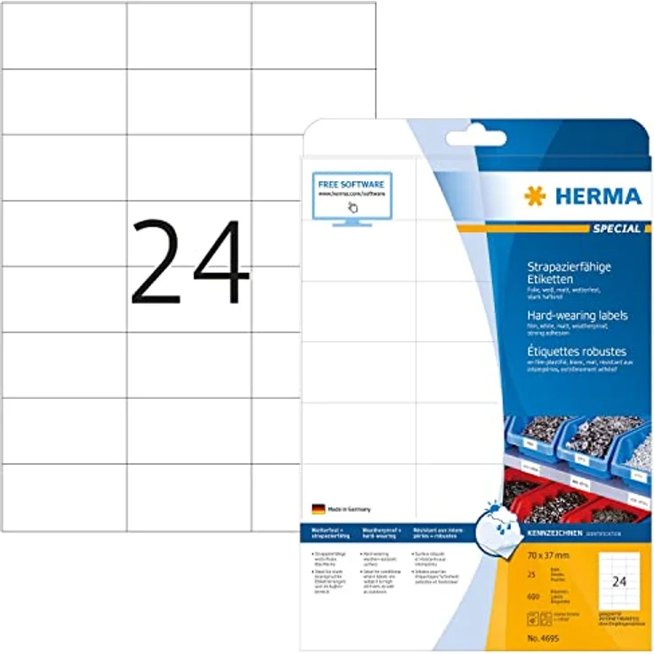 HERMA 4695 Wetterfeste Folien-Etiketten DIN A4 (70 x 37 mm, 25 Blatt, Polyesterfolie, matt) selbstklebend, bedruckbar, extrem stark haftende strapazierfähige Klebefolie, 600 Klebeetiketten, weiß – Bild 1