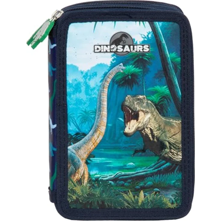 Derform Dino Federtasche Giganotosaurus, gefülltes 2-Fach Federmäppchen mit 10 Buntstiften, 8 Filzstiften, Radiergummi, Spitzer, Lineal und Bleistiften – Bild 4