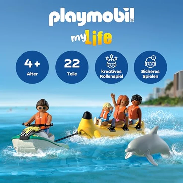 PLAYMOBIL Bananenboot-Tour, Vacation on The Beach, Wasserspielzeug mit 4 Figuren, Jet Ski und Delfin, ab 4 Jahren, kreatives Spielvergnügen – Bild 2