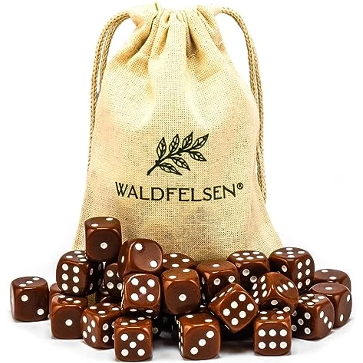 Waldfelsen 30 Stück Acrylwürfel 16 mm, 6-seitige Spielwürfel in Braun mit Baumwollstoffbeutel, hochqualitative Augenwürfel für Knobelspiele – Bild 1